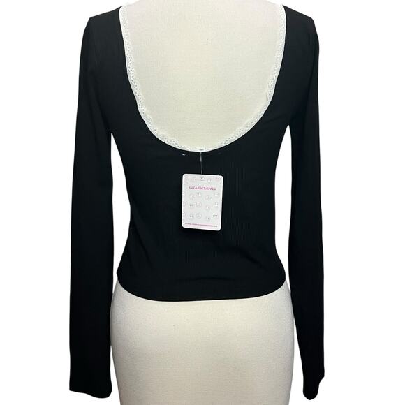 Pretty Garbage Top Womens M Black Ribbed Knit Scoop Neck Dainty Lace Feminine - Picture 4 of 15
